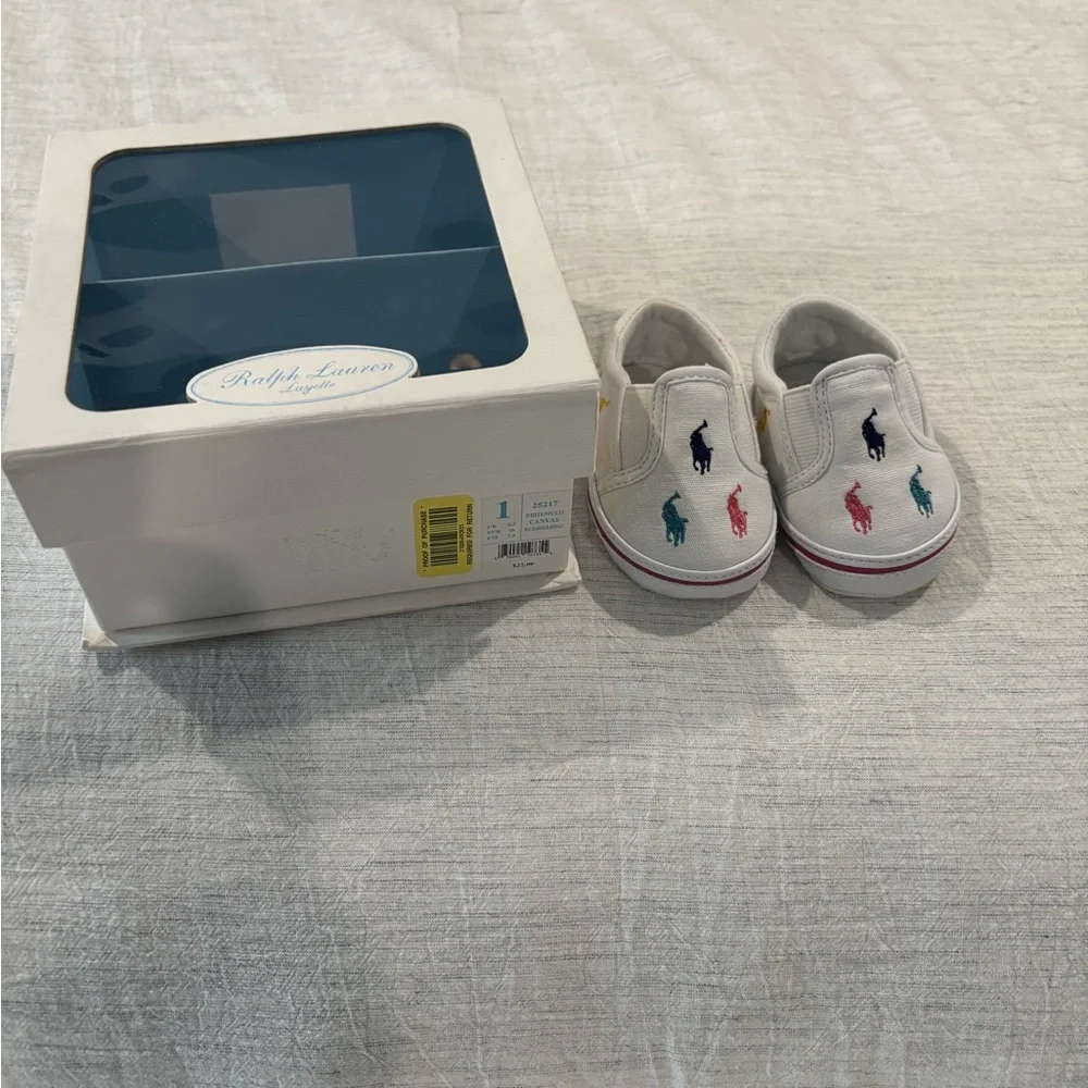 Polo by Ralph Lauren White Canvas Slip-On Baby Shoes with Multicolor Polo Logos